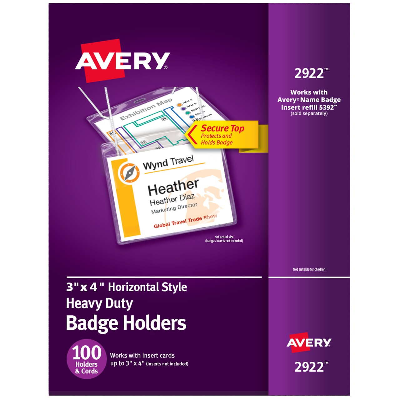 Avery Heavy Duty Hanging Style Badge Holders, 3&#x22; x 4&#x22;, Landscape, 100 ID Badge Holders with Cords (2922)